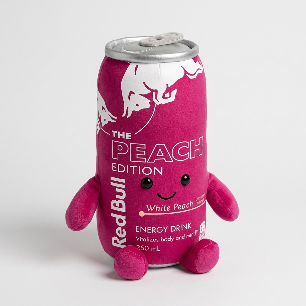 Red Bull Peach Edition can-shaped plush